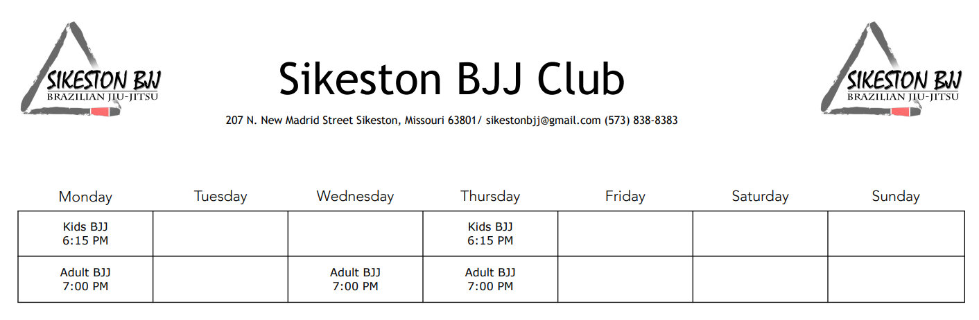 Monday:All Belts 10:30AM-12PM, Lil' Champions 5:30PM-6:15PM, Youth/Teens 6:15PM-7:15PM, All Belts 7:15PM-8:30PM;Tuesday: All Belts 10:30AM-12PM, Lil' Champions 5:00PM-5:45PM, Women Only 5:45PM-6:45PM, Fundamentals 6:45PM-8PM; Wednesday:All Belts 10:30AM-12PM, Lil Champions 5:30PM-6:15PM, Youth/Teens 6:15PM-7:15PM, All Belts 7:15PM-8:30PM;Thursday: All Belts 10:30AM-12PM, All Belts 2PM-3:15PM,Lil Champions 5PM-5:45PM, Youth/Teens 5:45PM-6:45PM, Fundamentals 6:45PM-8PM;Friday:  All Belts 10:30AM-12PM, Womens Only 5:45PM-6:30PM, No Gi 7pm-8pm; Saturday: Advanced Youth 9AM-10AM, Fundamentals 10AM-11:30AM; Sunday: Competition Class 2:15PM-3:45PM